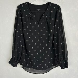Talbots plus size 1X black long sleeve top split neck silver jacquard hearts
